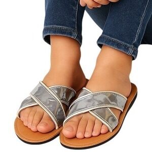 Toms Slide Sandals Girls Size 6 Viv Criss Cross Metallic‎ Flat Open Toe Trendy